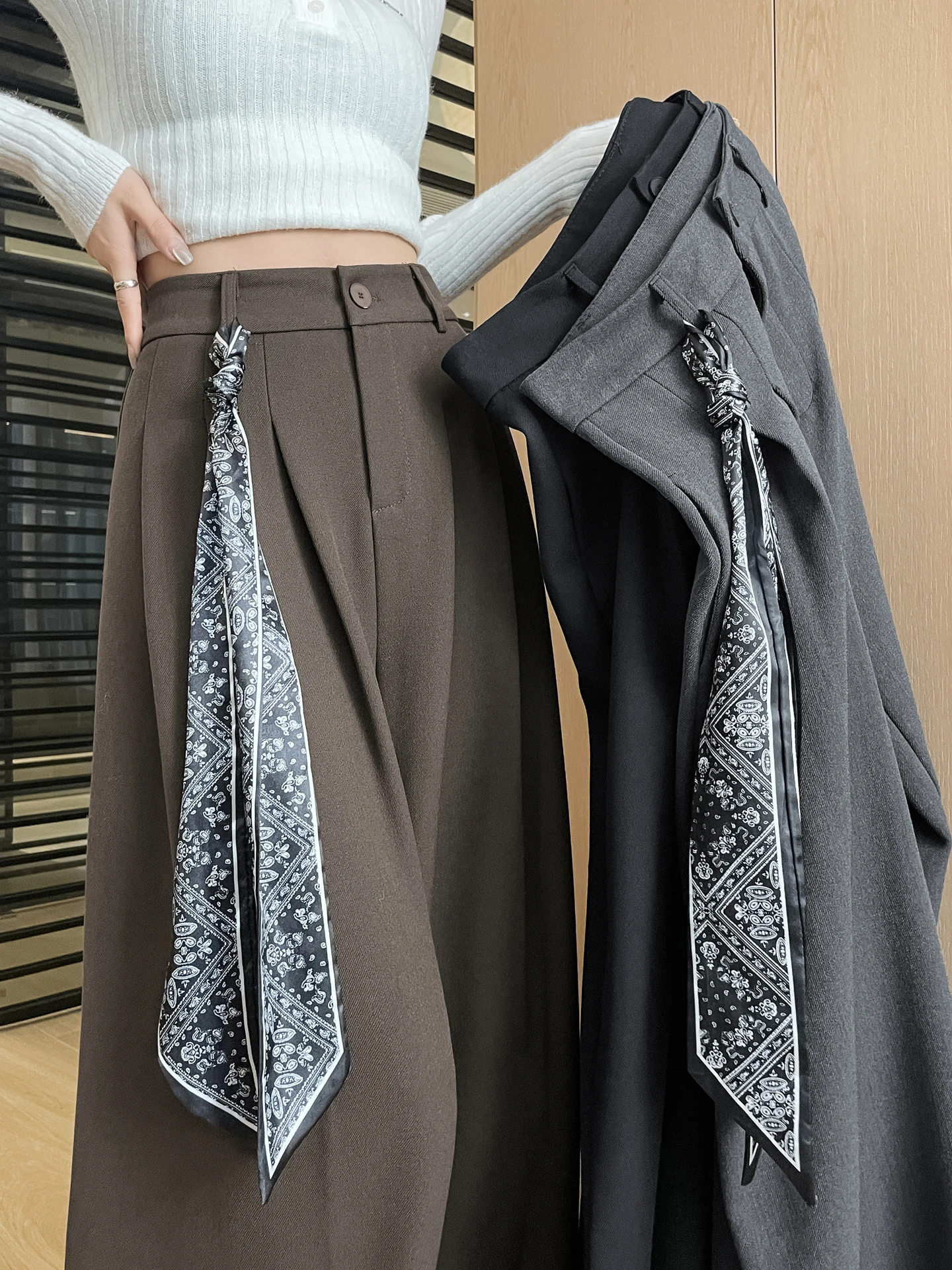 

Khaki Wide Leg Suit Pants High Waist Draped Casual Trousers for Women Spring Autumn New Sle Asymmetric Straight Leg Pants