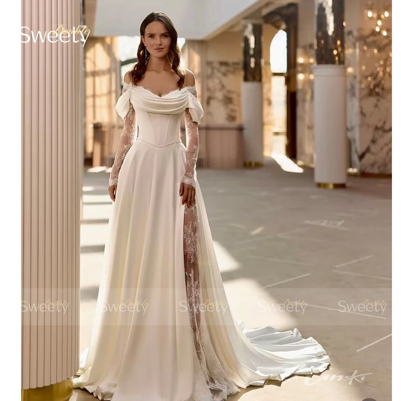 

Graceful Wedding Dress Satin With Lace A-Line Floor Length Ballgown Full Sleeve Boatneck Split Customized Zipper Vestido De Novi