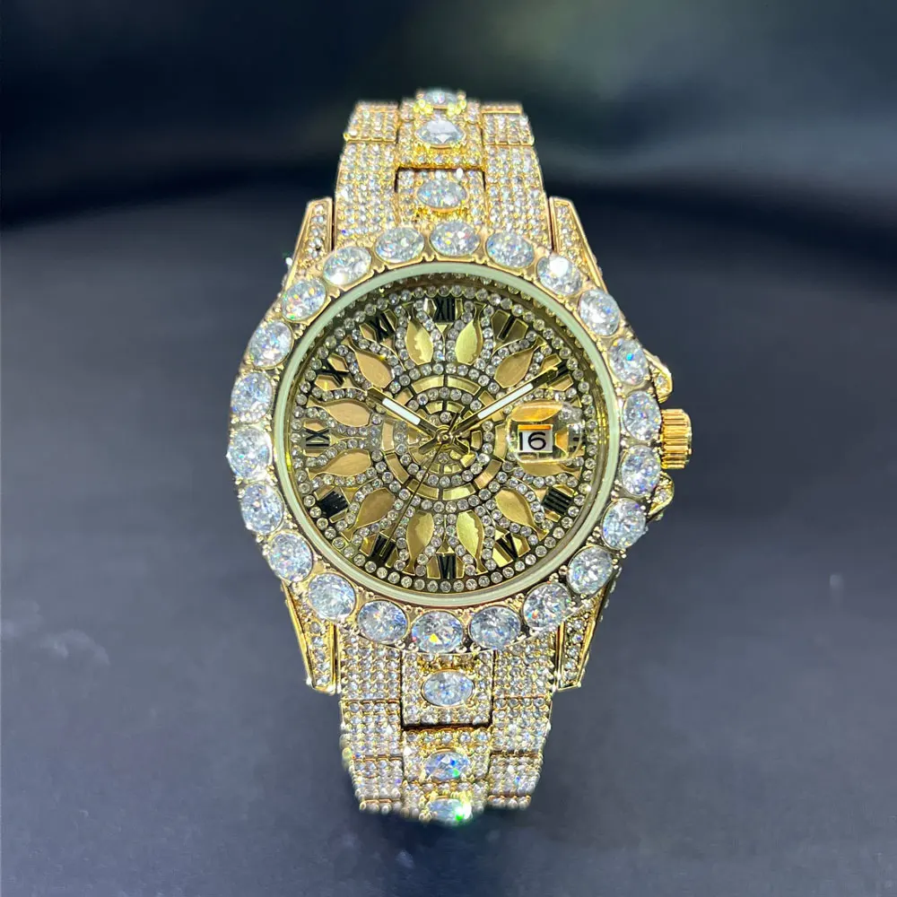 

MISSFOX модные золотые мужские часы lced Out, роскошные водонепроницаемые часы с календарем для мужчин, хип-хоп, высококачественные наручные часы с большими бриллиантами