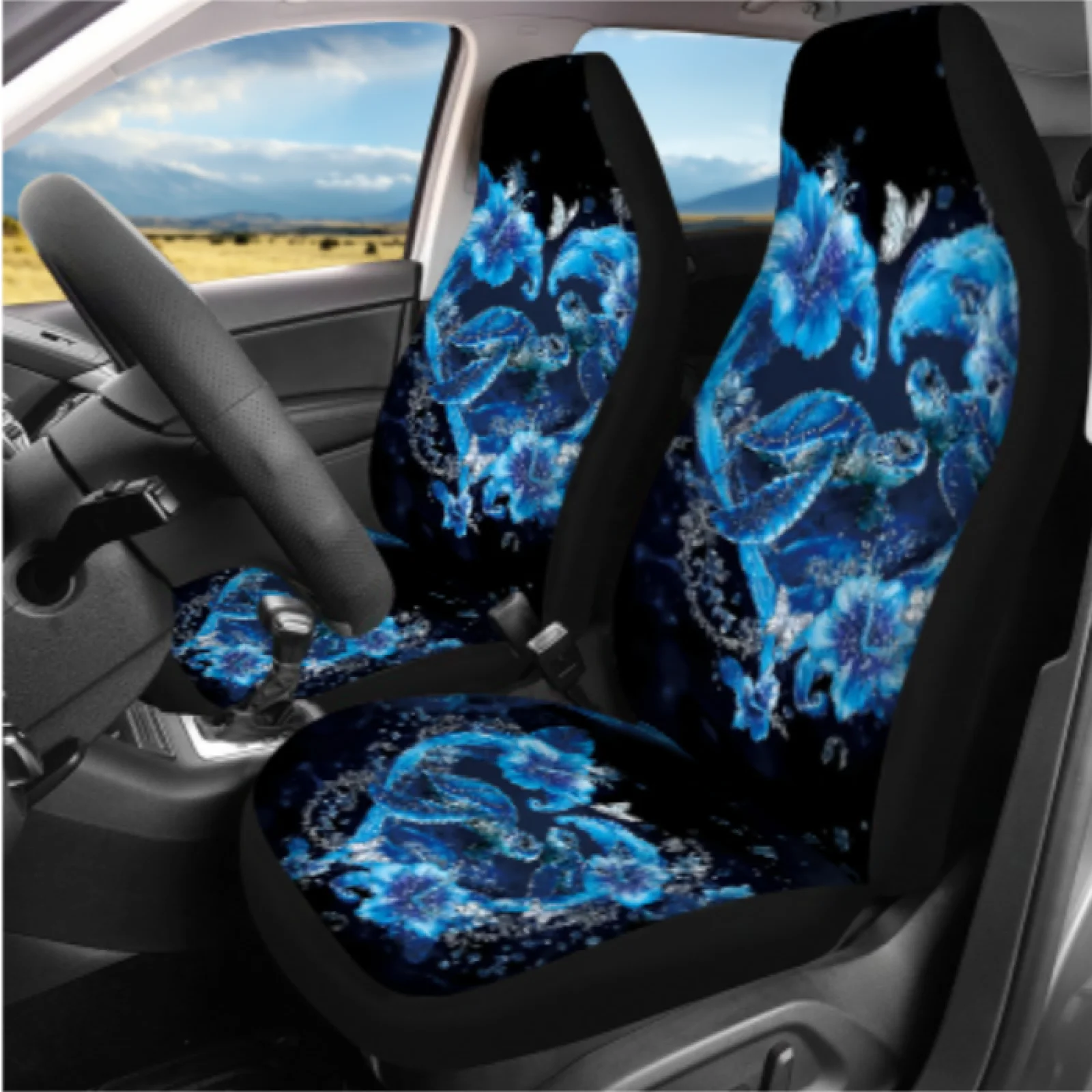 Coloranimal Sea Turtle Bloom 14 Pcs Car Seat Covers Set with Soft Steering Wheel Cover and Cars Headrest Cover for SUV