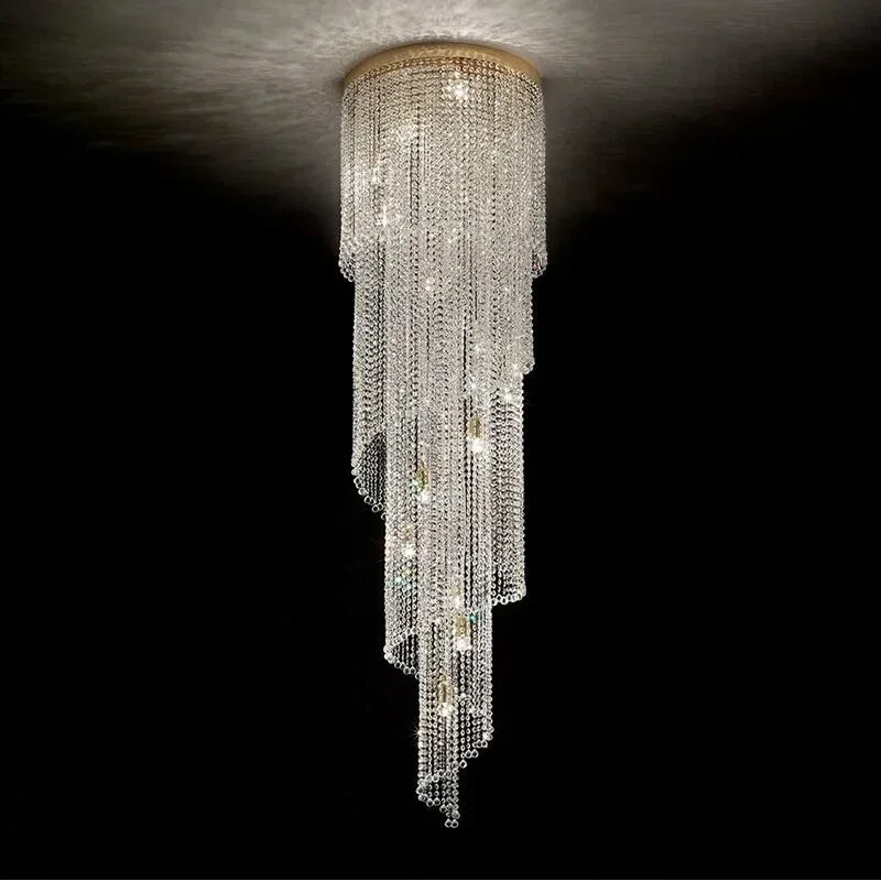 Stair Long Chandelier Hollow Living Room Lamp Duplex Floor K9 Crystal Decoration Lighting Villa Rotating Pendant Chandelier Lamp