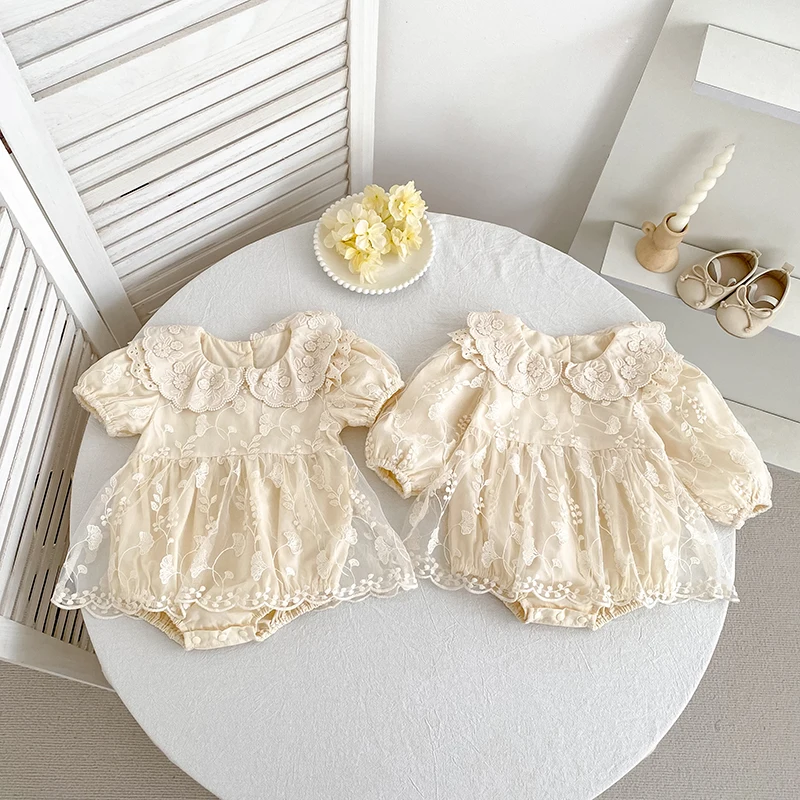 Baby-Mädchen-Strampler aus Spitze, langärmelig, mit Stickerei, Peter-Pan-Kragen, Body, Neugeborenen-Overall, beige, Geburtstags-Foto-Outfit, 0-24 Monate – Detail 18