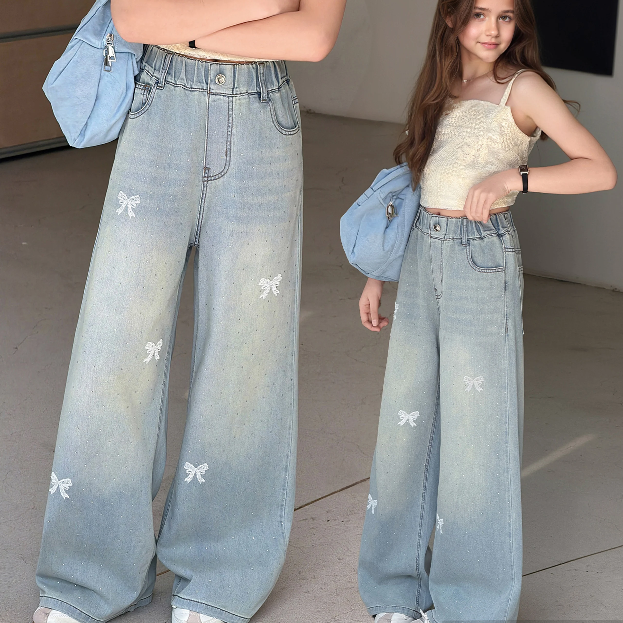 Girls' bow-knot bright diamond jeans spring and summer thin fashionable wide-leg straight pants suitable for children aged 5-15