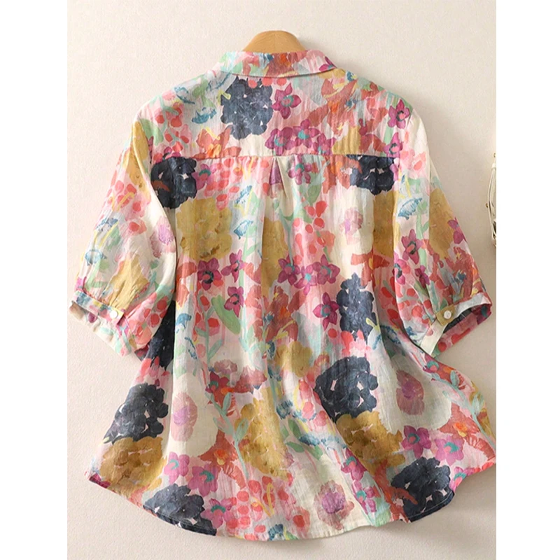 เสื้อแฟชั่นสปริงซัมเมอร์ลำลองลายดอกไม้พิมพ์ลายหลวมๆ เสื้อเชิ้ตผู้หญิงแขนสั้นปกเสื้อแบบเรียบง่ายสไตล์หวานๆ เหมาะสำหรับใส่ไปทำงาน