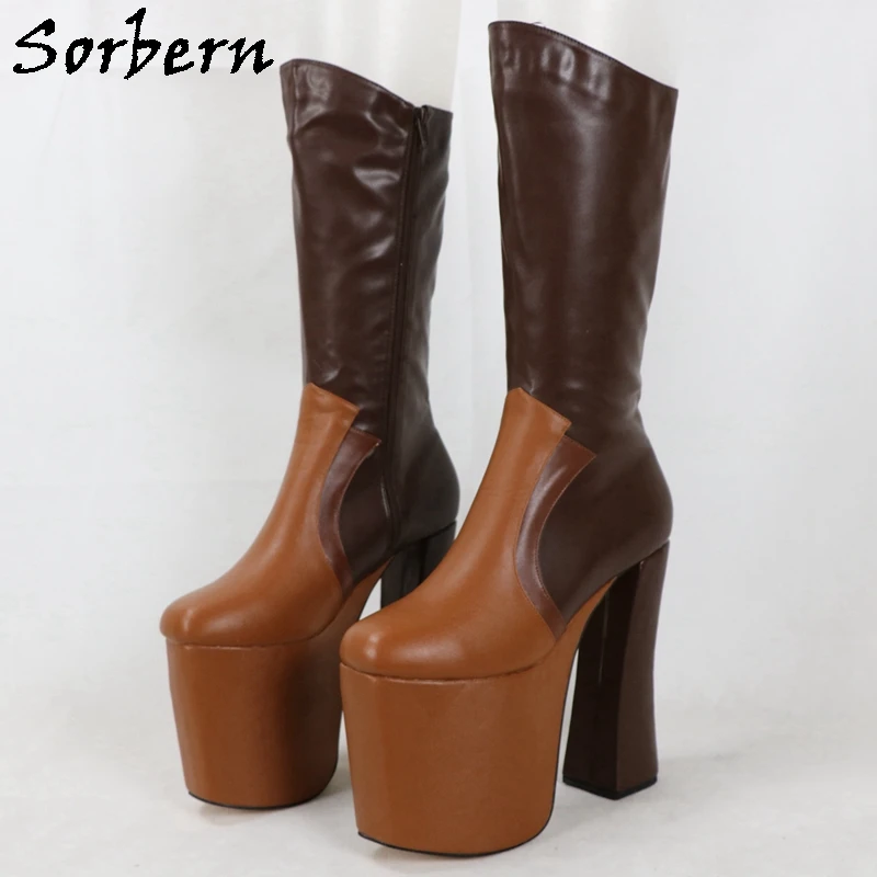 Sorbern 18Cm White Matt Knee High Boots Women Drag Queen Shoes Visible Platform Block High Heels Custom Slim Wide Leg Fit