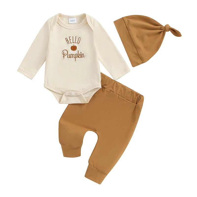 Newborn Baby Boy Girl Fall Clothes Coming Home Outfit Letter Embroidered Long Sleeve Romper Pants Hat Outfits Set