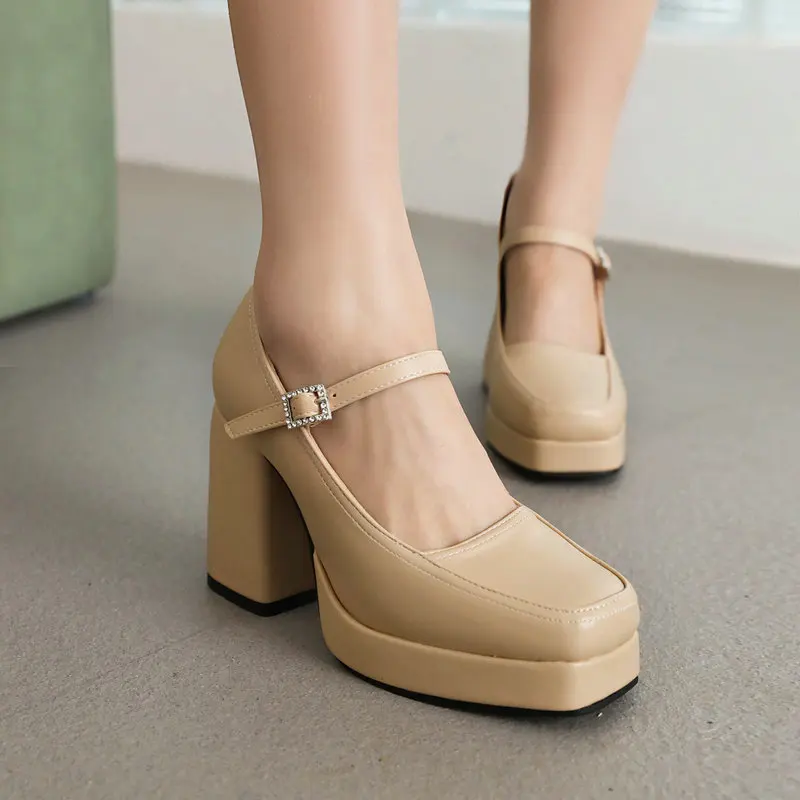 Big Size 34-45 Square Closed Toe Students School Girls Sweet Shoes Platform Mary Janes Chunky High Heels Women Pumps Spring