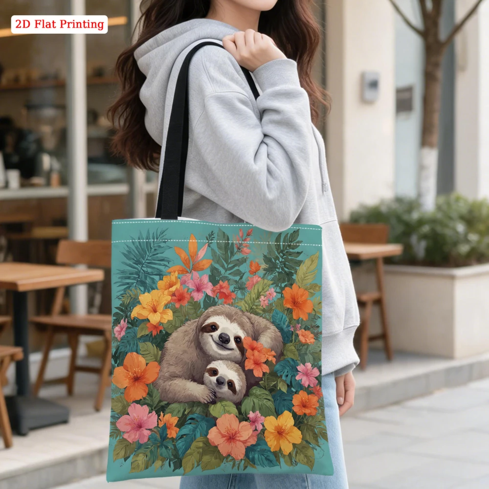 1pc Fashion Shoulder Bag Teal Sloth And Tropical Flowers Print Tote Bag For Shopping Travel Daily Use Large Capacity Storage Han