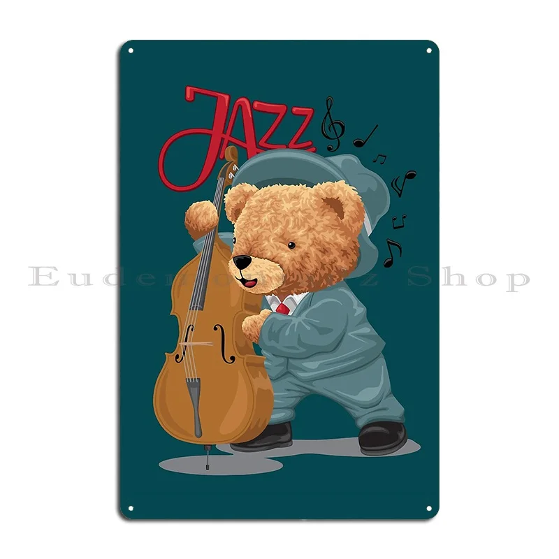 cute bear playing double bass Metal Plaque Poster create Wall Custom Club Plaques Pub Tin Sign Poster