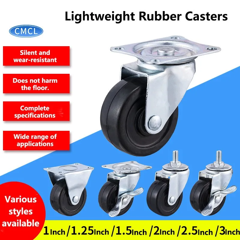 3 Inch Caster M10/M12 / Flatbed Wear-Resistant Truck Sliding Screw Rubber Universal Wheel Furniture / Cabinet Rolling (4 Packs)