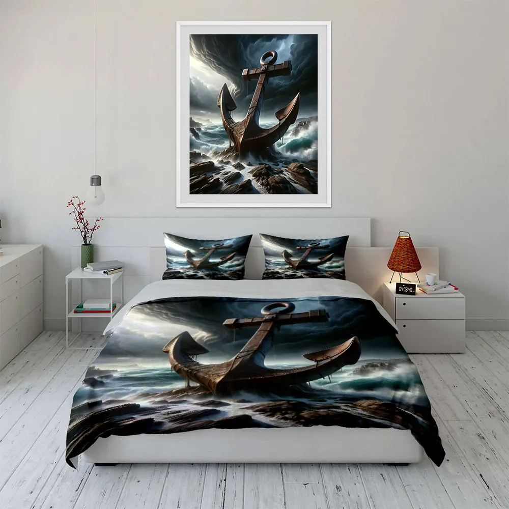 Giant anchor in raging waves Print Soft Comfortable Duvet Cover Bedding Set Included 1*Duvet Cover  2*Pillowcases Luxury gifts