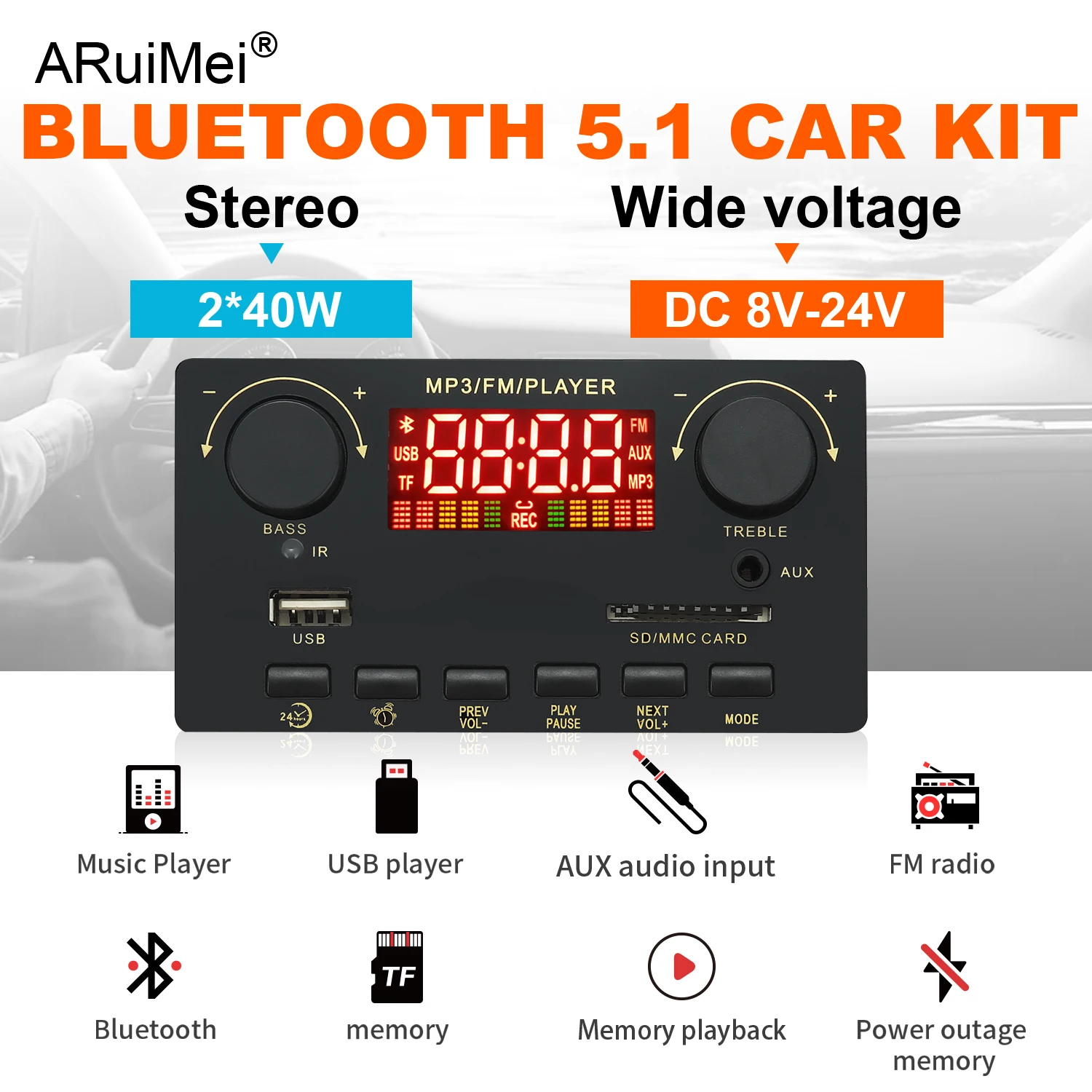 ARuiMei Bluetooth 5.1 Car Kit 2*40W Stereo 80W Subwoofer MP3 Player FM Radio USB TF AUX DC 8V-24V for Car Van Tricycle