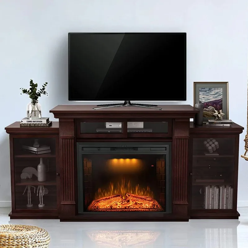 

67-Inch Brown Wood Media Entertainment Center Table Adjustable Shelves Fireplace TV Stand Mantel for Bedroom Living Room