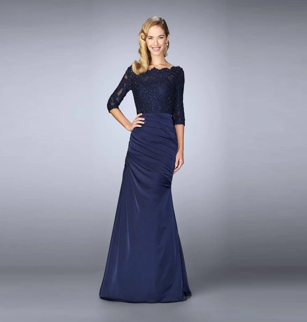 Navy Blue Mother Of The Bride Dresses Boat Neck Half Sleeve Mermaid Party Dress Lace Appliques Pleat Satin Prom Gown