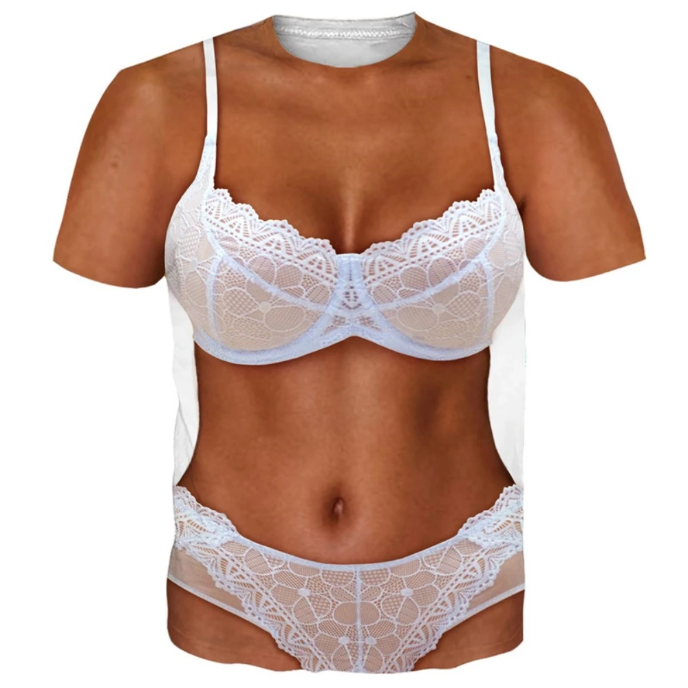 Funny Bikini Graphic T Shirts for Men 3D Printed Fake Abs Muscle Short Sleeve T-Shirt Women Cosplay Costume Novelty Tees Shirt