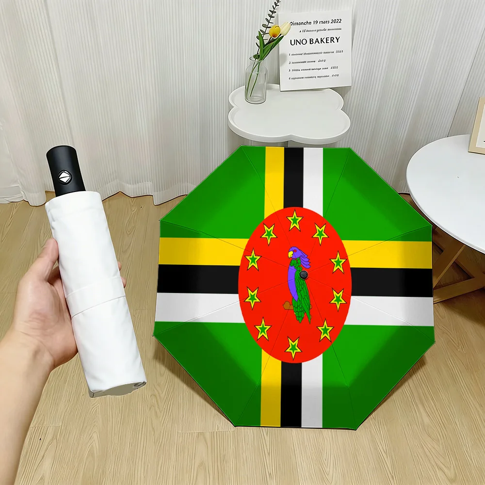 

Dominica National Flag Green White Black Yellow Stripes Sisserou Parrot Red Circle Print Auto Folding Umbrella Waterproof Windpr