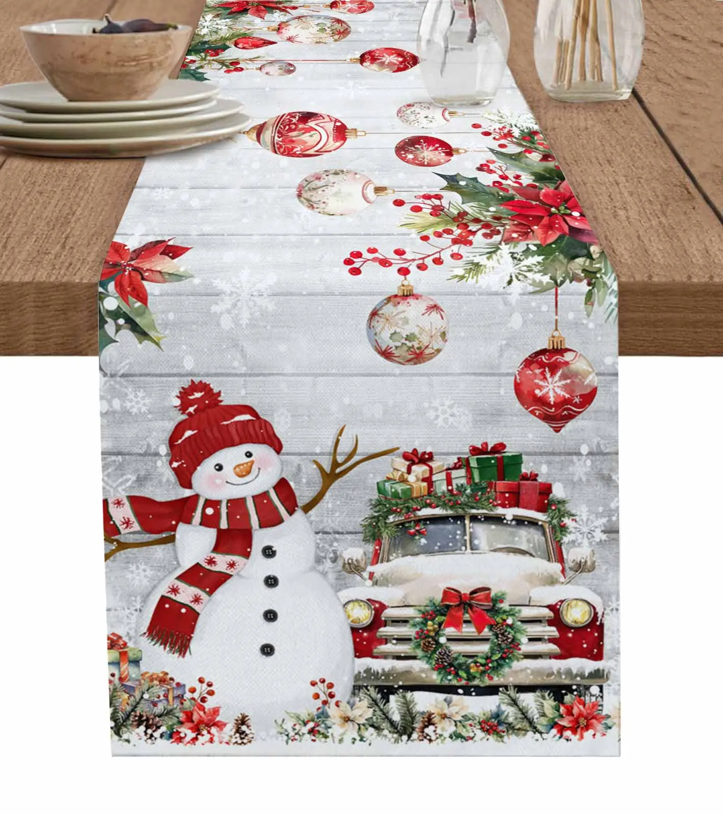 Christmas Ball Snowman Poinsettia Truck Gift Table Runner Table Decor 2024 Home Tablecloth Xmas Ornament Navidad New Year Gift