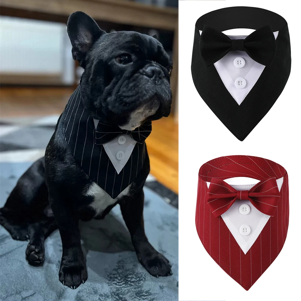 Handsome French Bulldog Pet Bibs Bandanas for Medium Large Dogs Wedding Big Dog Triangle Scarf with Bow Tie Grooming Accessories