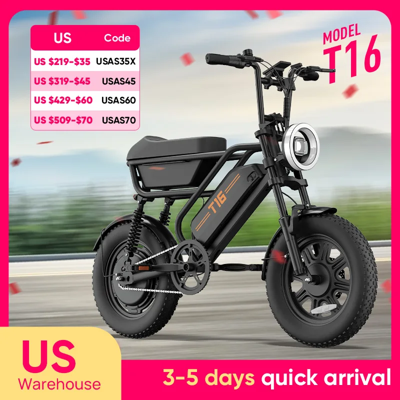 

URLIFE T16 Electric Bike 1000W Power 48V 15.6Ah Battery 16X3" Fat Tire 28MPH 100Mi Range 7-Speed Gears Adult Moped Free Shipping