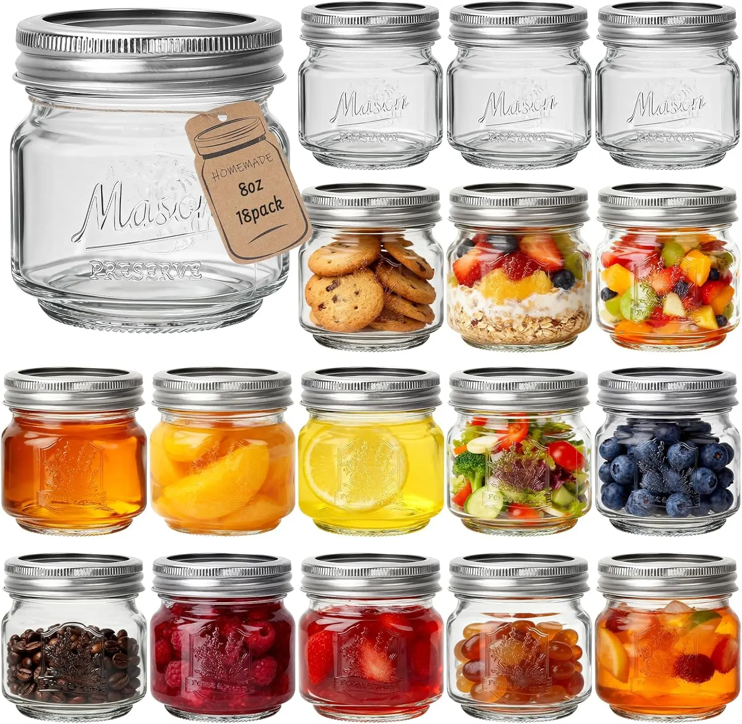 

18 Pack 8 oz Jars with Airtight Lids, Embossed Design Glass Canning Jars - Half Pint Jelly Jars for Jam, Pickling, Crafts,