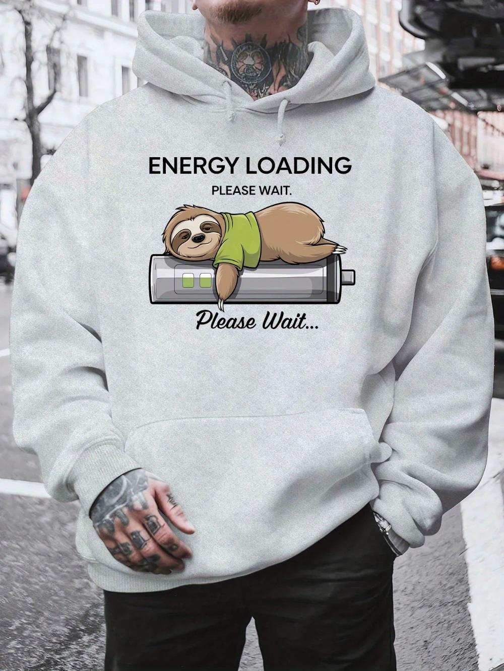Men's Autumn Winter Hoodie Sleepy Sloth Energy Loading Battery Funny Cartoon Slogan Casual Streetwear Fleece Sweatshirt