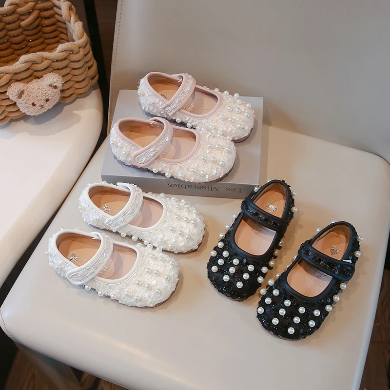 

Summer Girl's Princess Shoes Round Toe Shallow Hook-loop Pearl Stylish Kid's Flat Shoe Solid Color Anti-slip Daily Children Shoe