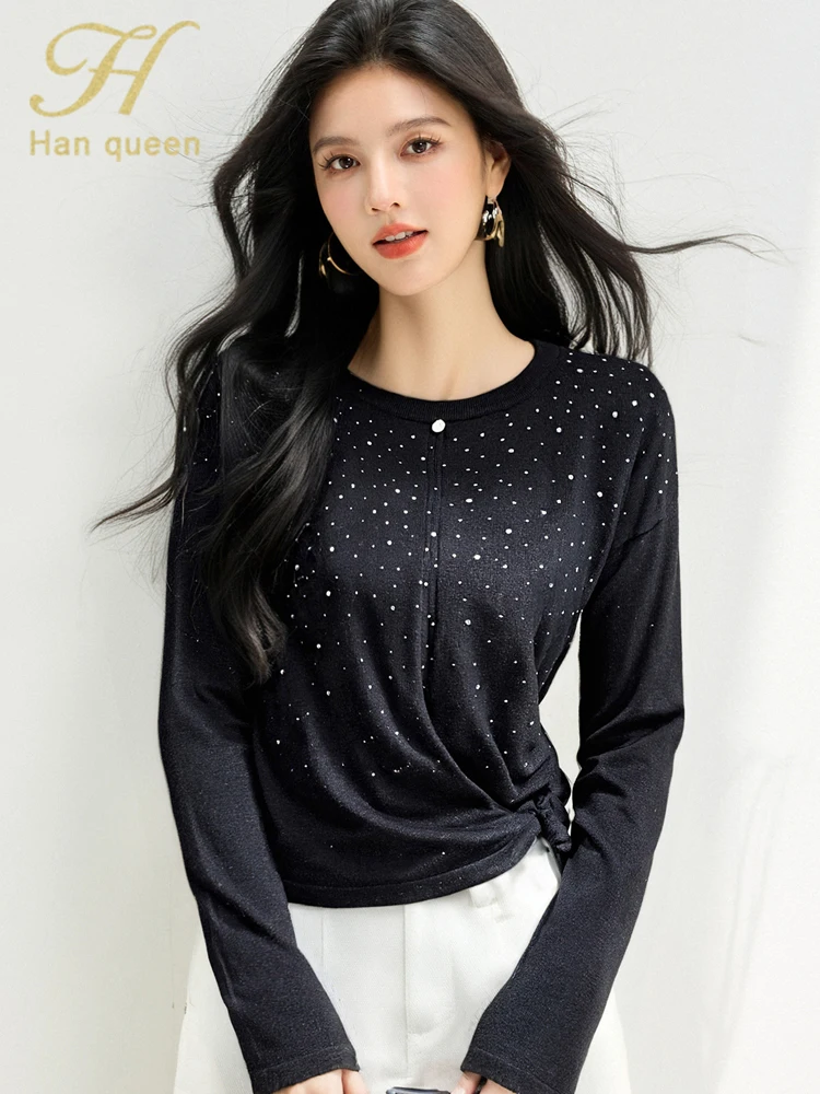 

H Han Queen, осенне-зимние пуловеры, свитера, элегантные модные мягкие свободные трикотажные изделия с длинными рукавами, женские топы с длинными рукавами