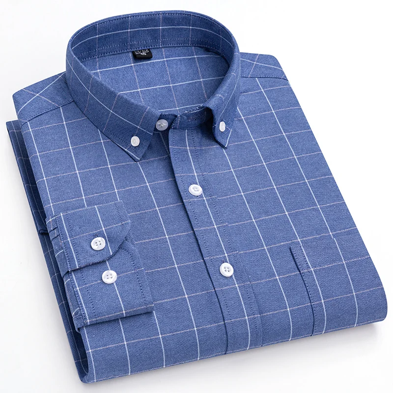 Men's 100% Cotton Shirt Long Sleeve Plaid Oxford Casual Solid Color Print Regular Fit Formal Dress Shirt Oversized 5XL 6XL 7XL
