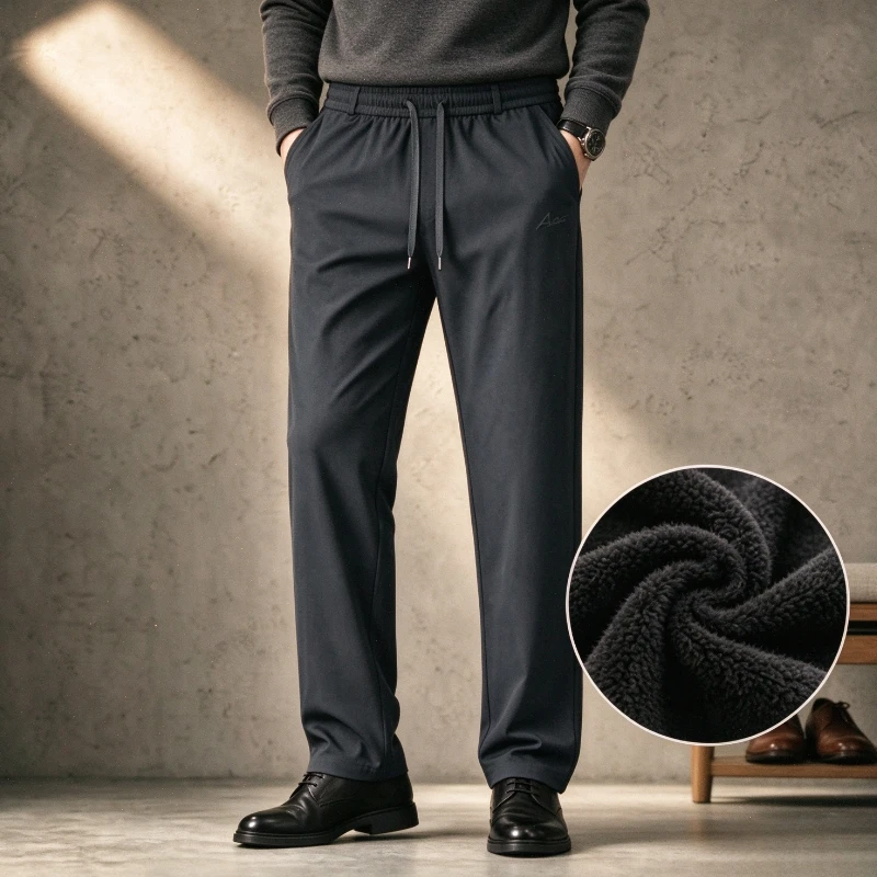 Winter Polar Fleece Pants for Men Stretchy Windproof Plus Size Letter Embroidery Pants Luxury Business Zipper Pocket Trousers