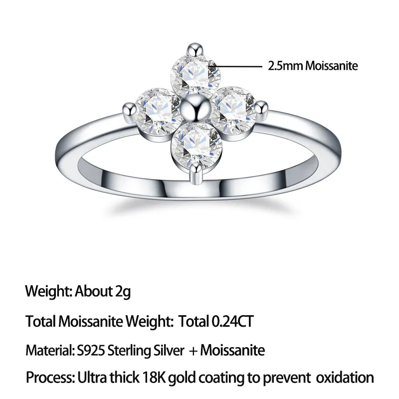 Pretty Beauty Four Leaf Clover Moissanite Ring for Women S925 Sterling Silver Dainty Flower Wedding Band Birthday Jewelry Gift