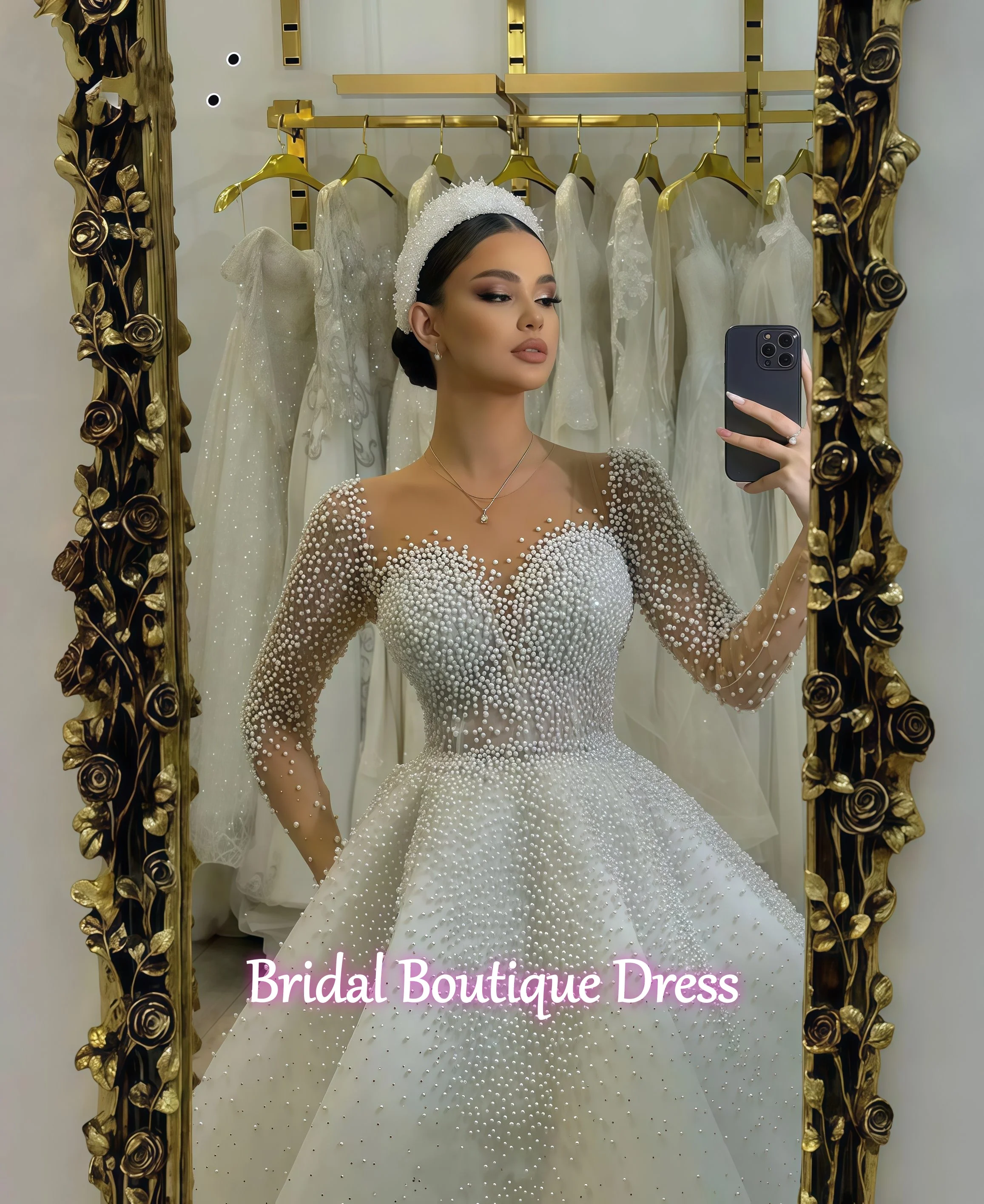 Customized Luxury Sparkly  Pearls A-Line Wedding Dress Sweep Train Illusion Long Sleeves Robe  Bridal Gown Vestido De Noiva