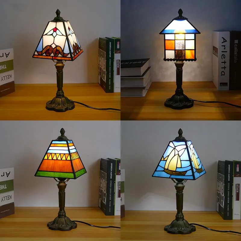 

Tiffany Flower Square Stained Glass Table Lamp Desk Reading Light Bedside Table Lamp Decor for Small Space Bedroom Home Office