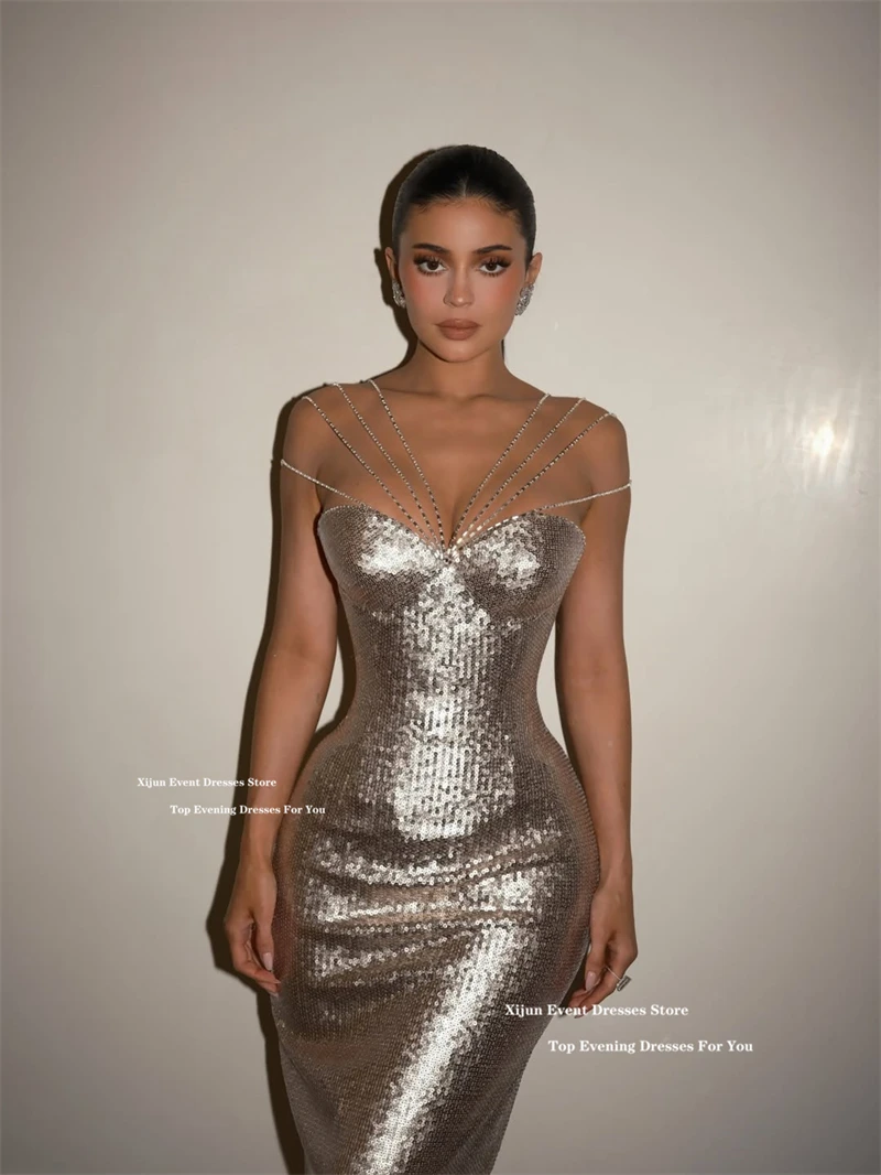 Xijun Sexy Silver Mermaid Evening Dresses Sequined Sleeveless Beads Long Prom Dresses Sweetheart Formal Prom Gowns Customized image 2