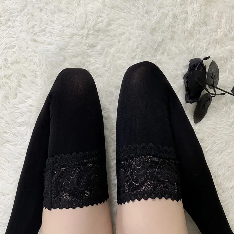 80D Velvet Leg Warmers Women Sexy Lace Top Silicone Hold Up Thigh High Stockings Elastic Nylon Medias De Mujer Lingerie