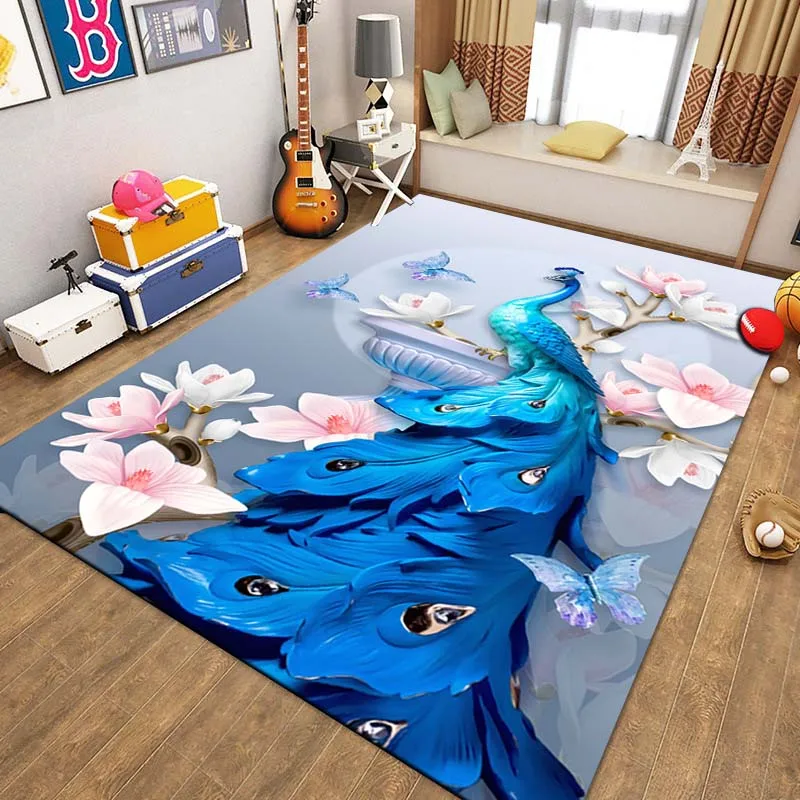 15 Size Ice Blue Peacock Canary Animals Rug for Living Room Non-slip Floor Mat Home Decor Carpet Bedroom Decoration Outdoor Rug