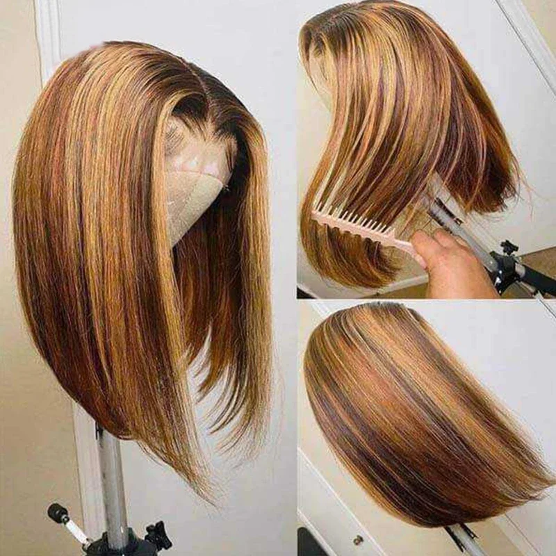 Peluca de cabello humano peruano Remy Hai ombré, postizo de encaje frontal 13x6, corte Bob corto, pelo rubio liso, P4/27