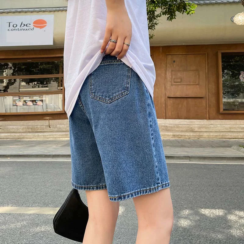 Estilo coreano clássico denim shorts para as mulheres, cintura alta calças perna larga, streetwear