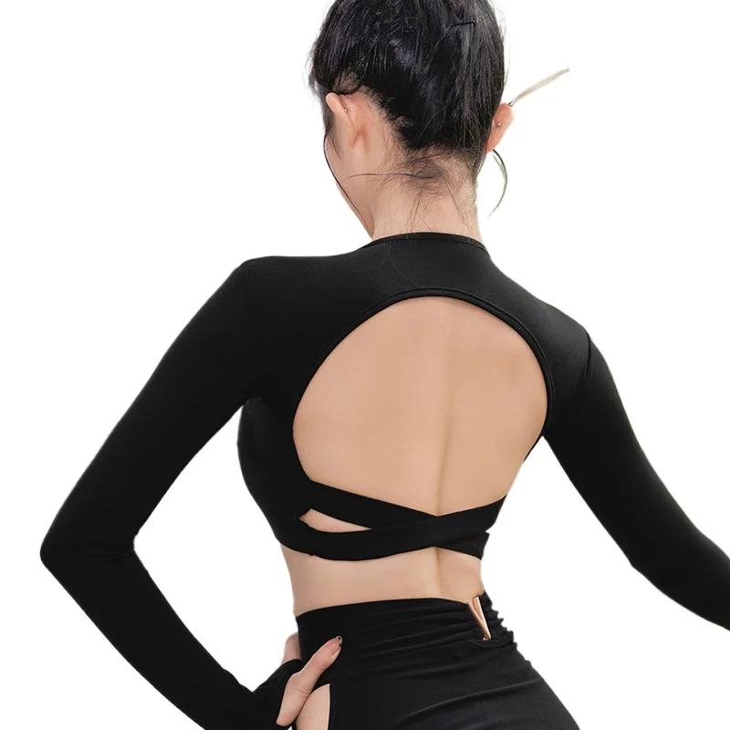 Wygodny, dopasowany top do tańca latynoamerykańskiego dla seniorów, z wycięciem na plecach, krzyżowany, do codziennego użytku, standardowy strój do ćwiczeń, damski, długi rękaw.