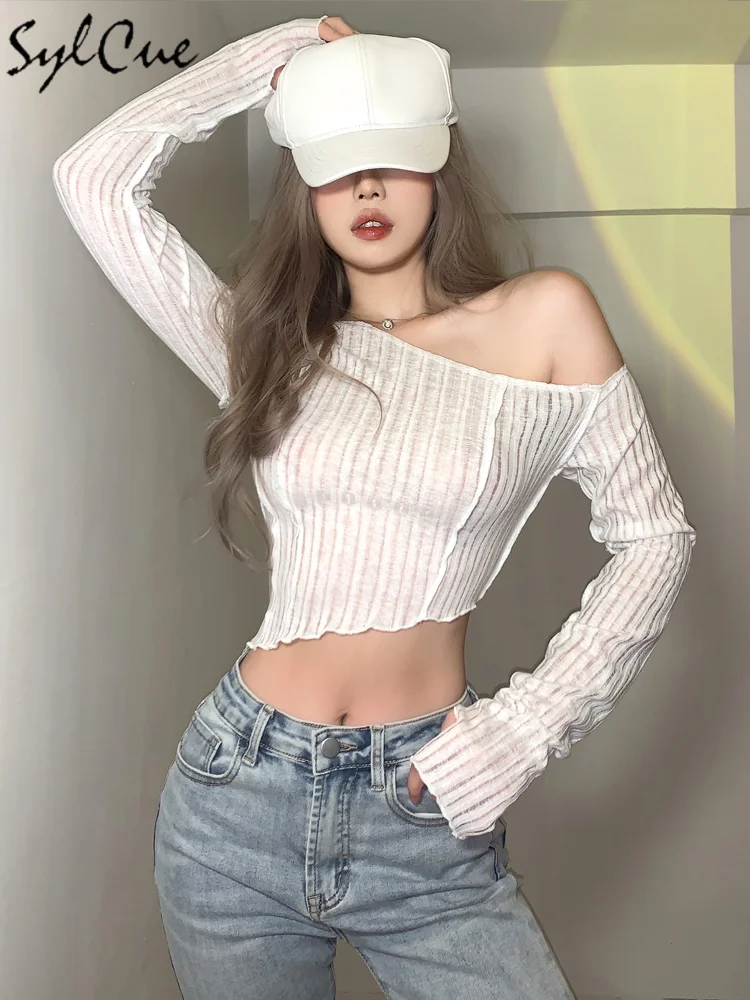 Sylcue-Top curto sem alças feminino, cor sólida, faixa transparente, magro, sem alças, monocromático, elástico, clássico, retro, viajante de todas as partidas