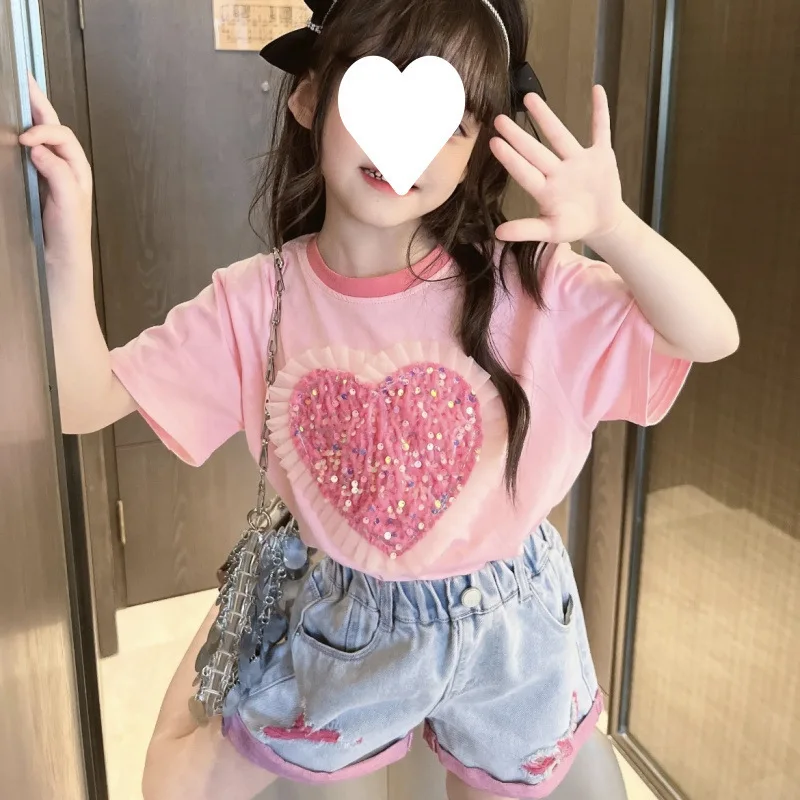 2025 Summer Girls' 2PCS Set: Shimmer Heart Top + Pink Frayed Hem Jeans Casual Korean Style Playwear 2-7Y  Baby Clothes