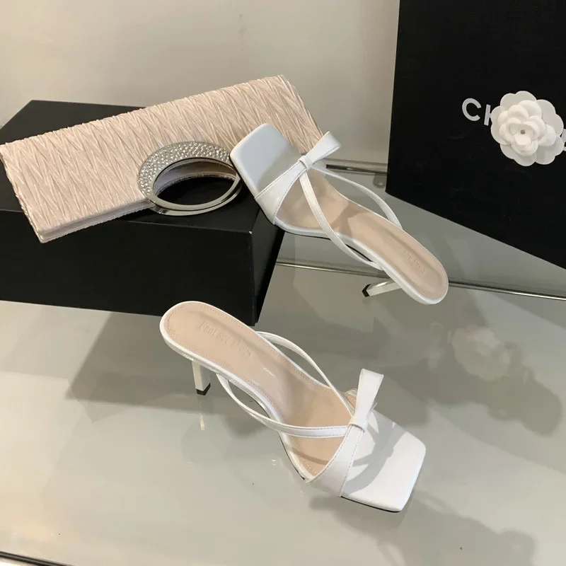 Sandali con tacco gatto francese stile fata, linea retta estiva con fiocco, punta quadrata, tacchi sottili, eleganti pantofole con tacco alto da donna