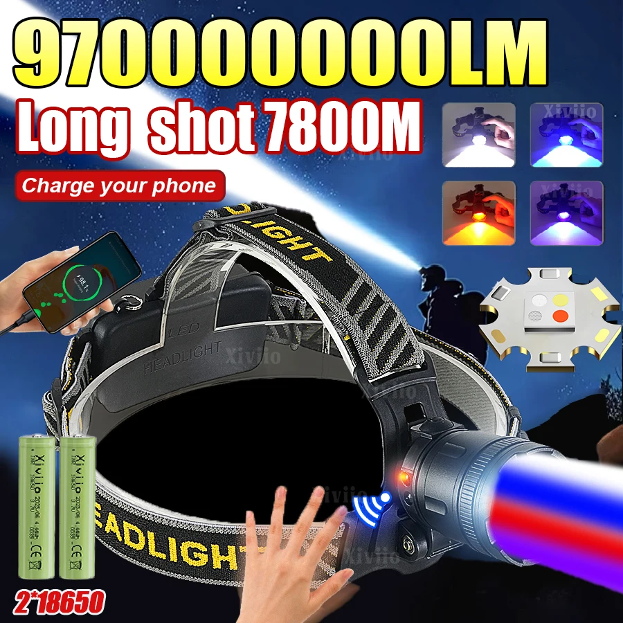 

Мощный налобный фонарь 970000000LM, 4 цвета, перезаряжаемый, с УФ-излучением, телескопическим зумом, для рыбалки и кемпинга