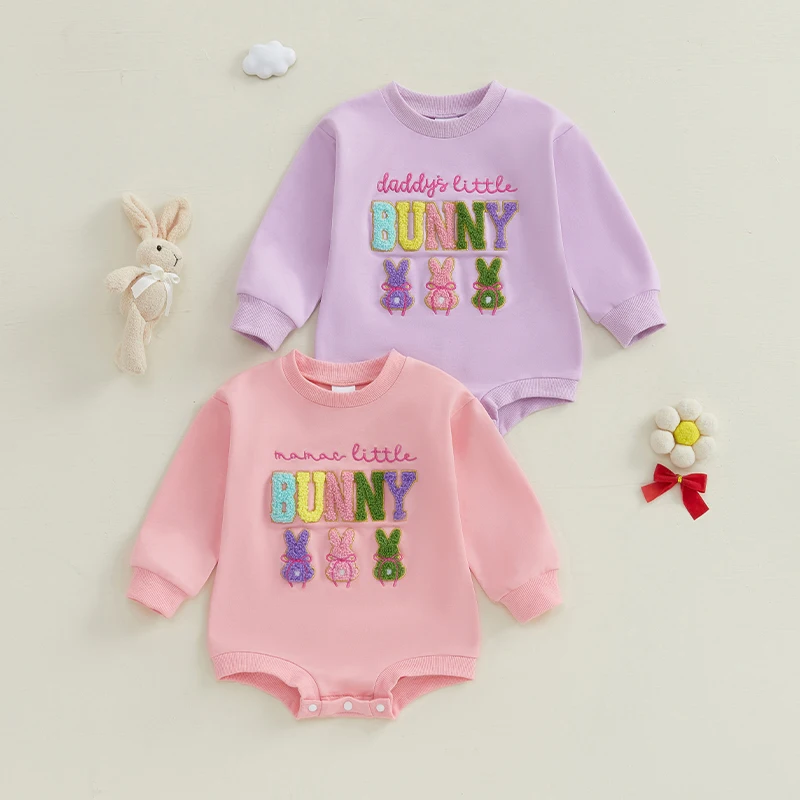 

Baby Girl Easter Romper Long Sleeve Crew Neck Bunny Letter Embroidery Bodysuit Newborn Outfit
