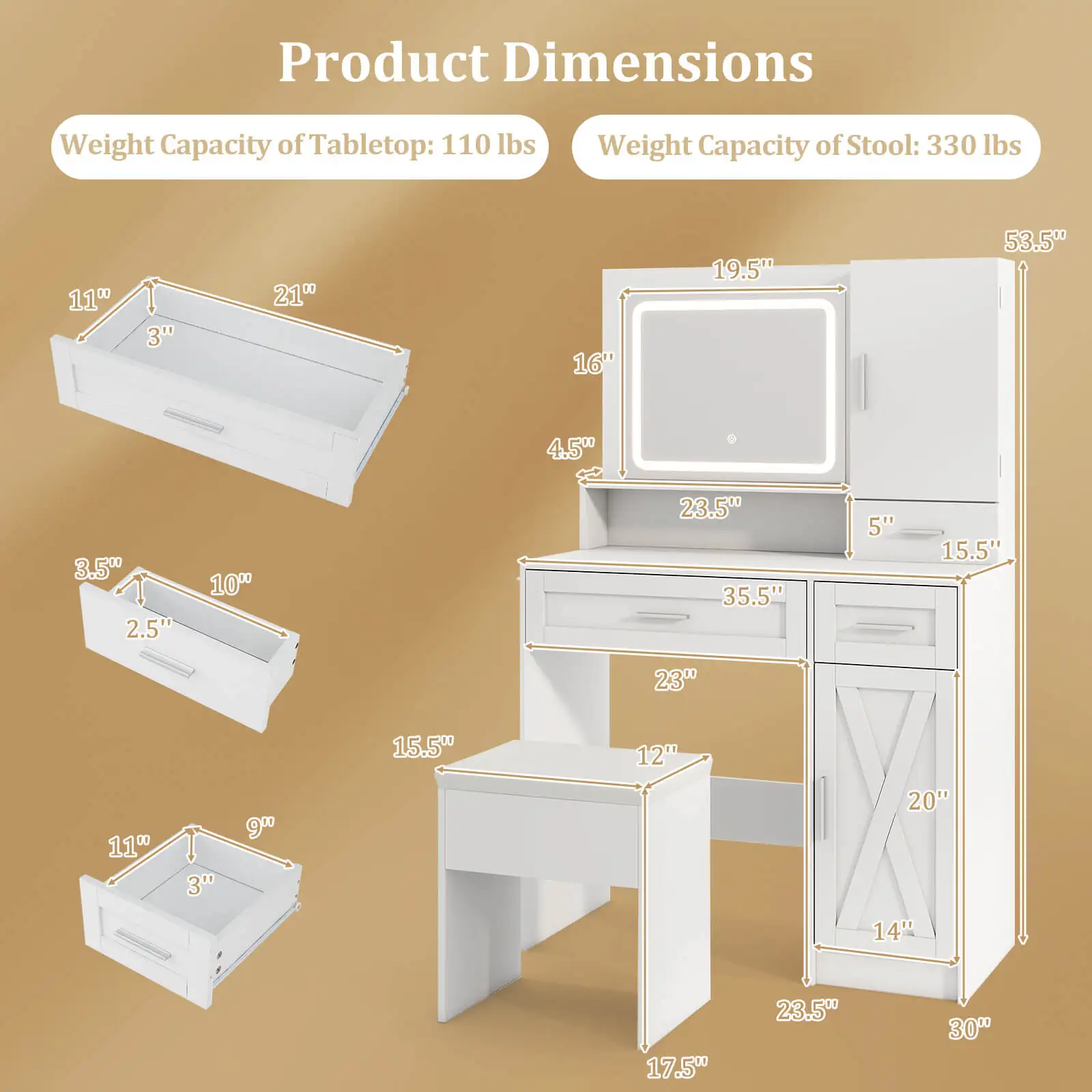 Farmhouse Vanity Set w/Mirror & Lights 3 Lighting Modes & Adjustable Brightness