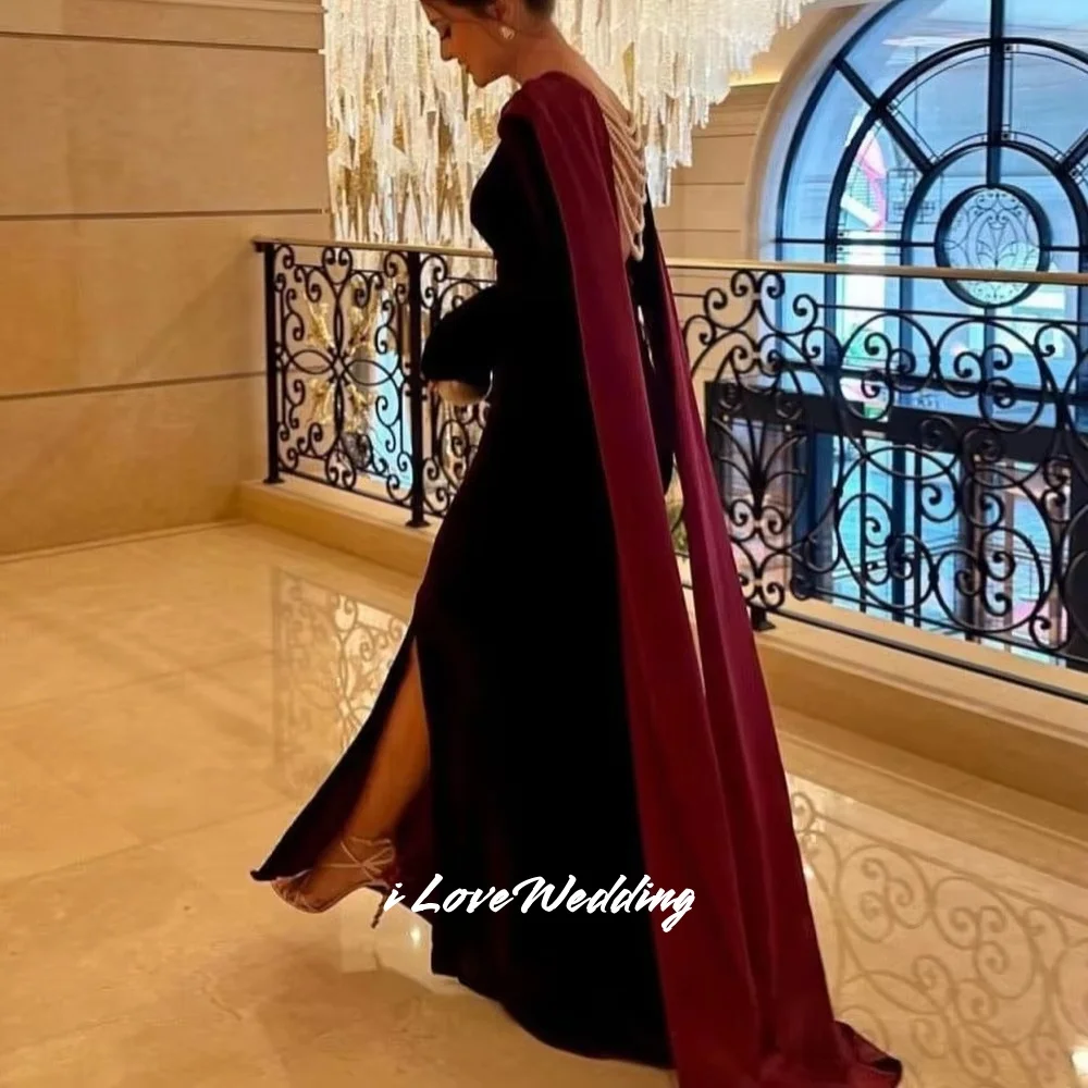 블랙 O넥 이브닝 드레스 2025 긴 소매 백리스 진주 인어 스타일 슬릿 플리츠 웨딩 파티 드레스 맞춤 제작