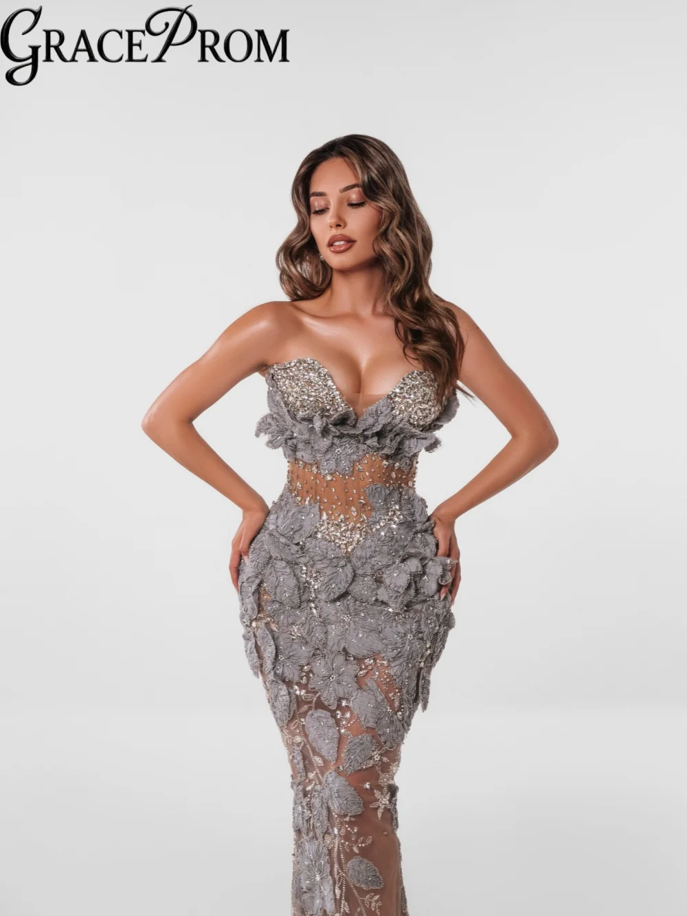 Fashion Opulent Beading Evening Dress Grey Embroidery Floral Wedding Party Gown Customized Shinny Straight Long Banquet Gowns