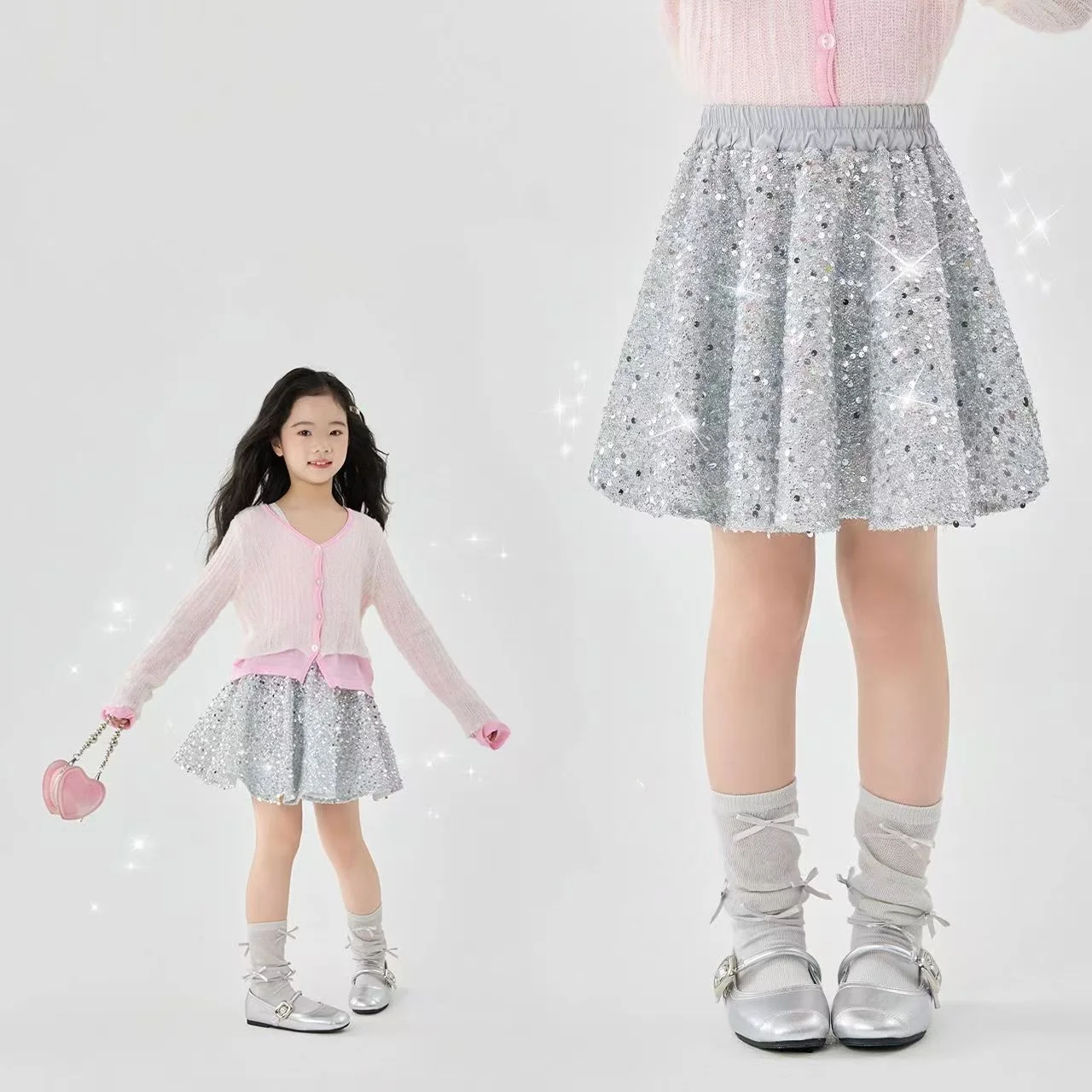 Girls' Summer 2025 New Half length Skirt Sparkling Princess Skirt Children's Puff Skirt Little Girls Silver Short Skirt