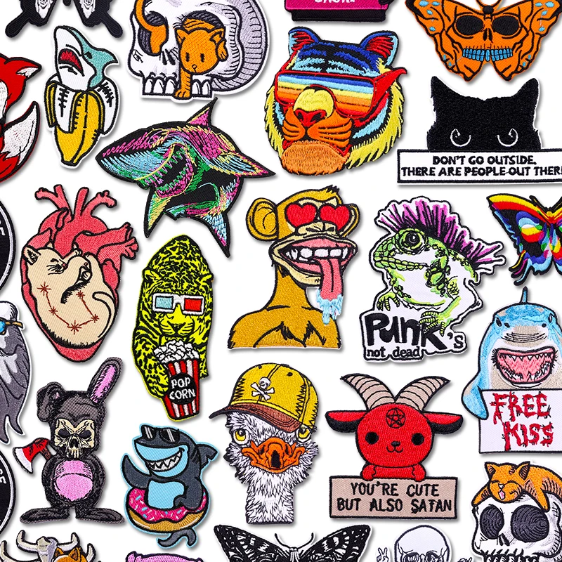Hippie Coole Tier Gestickte Patches Cartoon Katze Hai Tiger Patch Eisen Auf Patches Für Kleidung Jacken Nähen Stickerei DIY