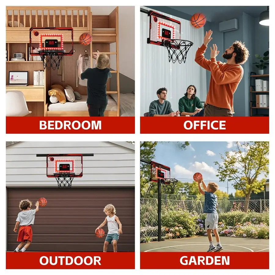 Basketball Hoop Indoor, Over The Door Basketball Hoops with Led Lighting, Mini Hoop with Electronic Scoreboard amp 3 Balls, Outd