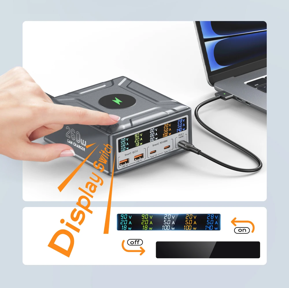 260 واط USB C GaN شاحن QC3.0 PD3.1 140 واط PPS محطة شحن سريعة آيفون 16 15 ماك بوك برو سامسونج شاحن لاسلكي للكمبيوتر المحمول